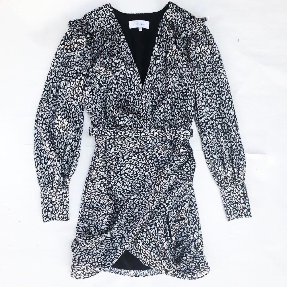 L'Academie Joyce Micro Mini Dress Abstract Cheetah Grey Belted Puff Sleeve xxs
